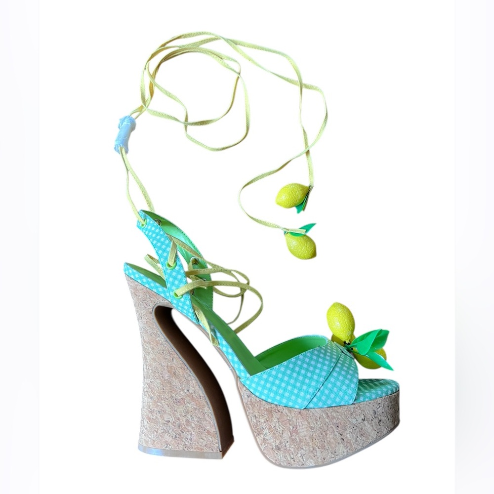 Dollskill NEW Sugar Thrillz Sour Hour Green Gingham Lemon Platform Heels Size 11 - Picture 7 of 16
